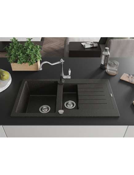 Mexen Matias zlewozmywak granitowy 1,5-komorowy z ociekaczem i baterią kuchenną Carla, czarny/złoty metalik - 6502-75-670700-00, 3 image