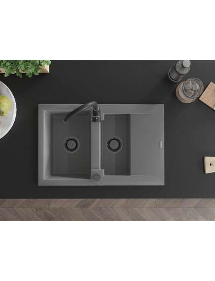 Mexen Gaspar zlewozmywak granitowy 1,5-komorowy z ociekaczem 737 x 475 mm, szary, syfon czarny - 6507731505-71-B, изображение 4