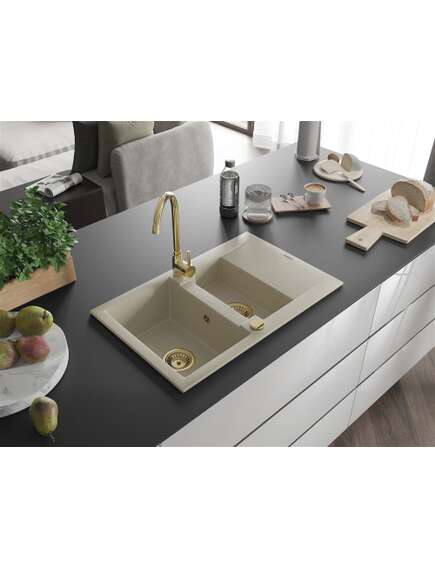 Mexen Gaspar zlewozmywak granitowy 1,5-komorowy z ociekaczem 737 x 475 mm, beżowy, syfon złoty - 6507731505-69-G, изображение 2