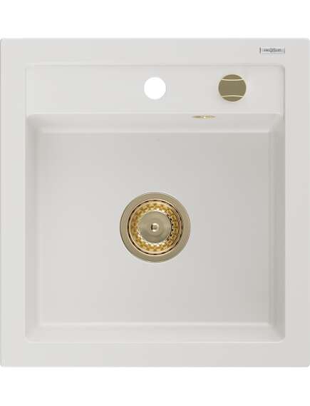 Mexen Vito zlewozmywak granitowy 1-komorowy 520 x 490 mm, biały, syfon złoty - 6503521000-20-G