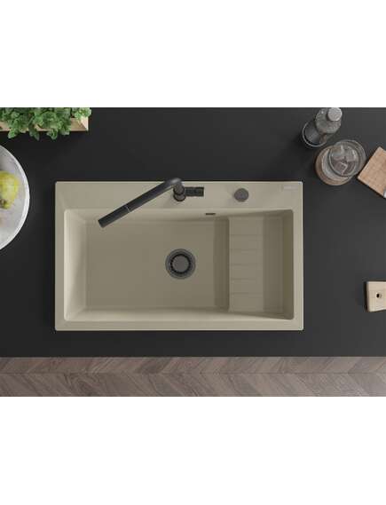 Mexen Omar zlewozmywak granitowy 1-komorowy 800 x 480 mm, beżowy, syfon czarny - 6520801005-69-B, изображение 4