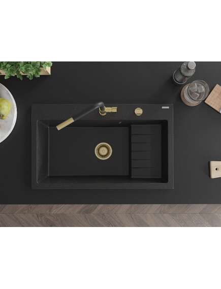 Mexen Omar zlewozmywak granitowy 1-komorowy 800 x 480 mm, czarny/srebrny metalik, syfon złoty - 6520801005-73-G, изображение 4