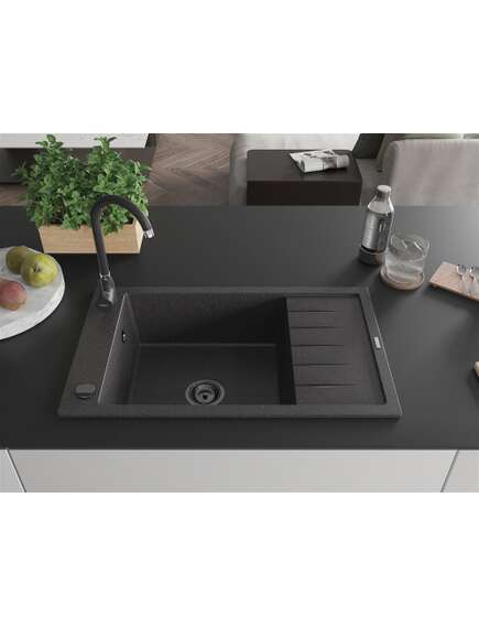 Mexen Elias zlewozmywak granitowy 1-komorowy z ociekaczem 795 x 480 mm, czarny nakrapiany, syfon czarny - 6511791005-76-B, 4 image