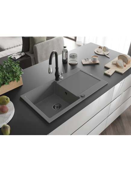 Mexen Leo zlewozmywak granitowy 1-komorowy z ociekaczem i baterią kuchenną Savita, szary - 6501-71-672601-70-B, 2 image