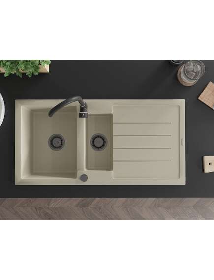 Mexen Andres zlewozmywak granitowy 1,5-komorowy z ociekaczem 1000 x 500 mm, beżowy, syfon czarny - 6515101510-69-B, изображение 4