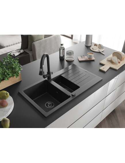 Mexen Matias zlewozmywak granitowy 1,5-komorowy z ociekaczem 900 x 505 mm czarny/srebrny metalik, syfon czarny - 6502901505-73-B, изображение 2