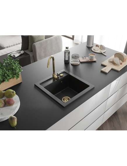 Mexen Vito zlewozmywak granitowy 1-komorowy 520 x 490 mm, czarny, syfon złoty - 6503521000-77-G, изображение 2