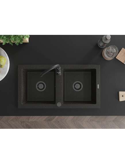 Mexen Mario zlewozmywak granitowy 2-komorowy 820 x 436 mm, czarny/złoty metalik, syfon czarny - 6504822000-75-B, изображение 4