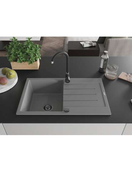 Mexen Bruno zlewozmywak granitowy 1-komorowy z ociekaczem 795 x 495 mm, szary, syfon czarny - 6513791010-71-B, изображение 3