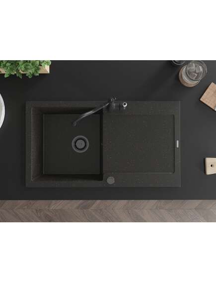 Mexen Leo zlewozmywak granitowy 1-komorowy z ociekaczem i baterią kuchenną Carla, czarny/złoty metalik - 6501-75-670700-70-B, изображение 4