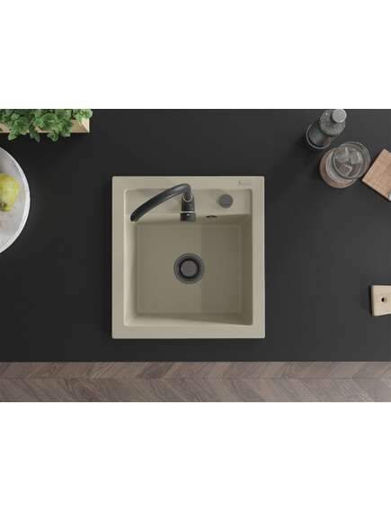 Mexen Vito zlewozmywak granitowy 1-komorowy 520 x 490 mm, beżowy, syfon czarny - 6503521000-69-B, изображение 4