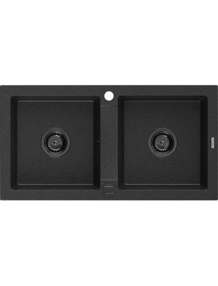 Mexen Mario zlewozmywak granitowy 2-komorowy 820 x 436 mm, czarny/srebrny metalik, syfon czarny - 6504822000-73-B