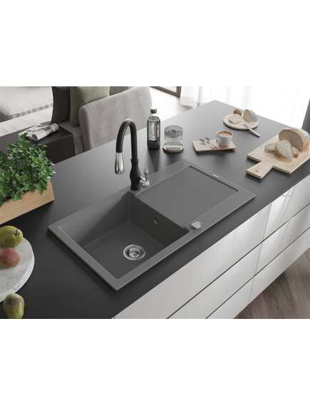 Mexen Leo zlewozmywak granitowy 1-komorowy z ociekaczem i baterią kuchenną Savita, szary - 6501-71-672601-70, 2 image