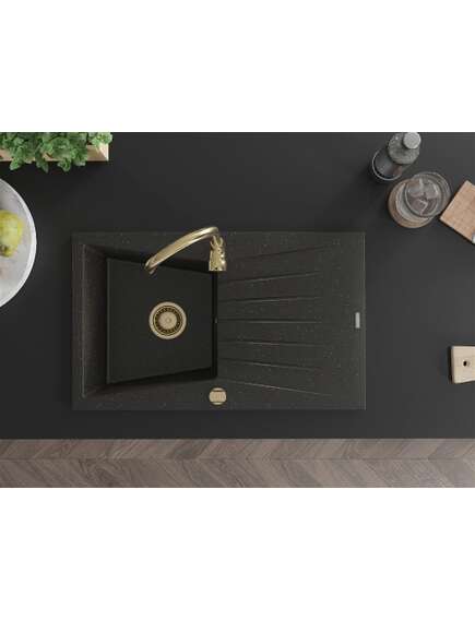 Mexen Cesar zlewozmywak granitowy 1-komorowy z ociekaczem 775 x 470 mm, czarny/złoty metalik, syfon złoty - 6514771010-75-G, изображение 4