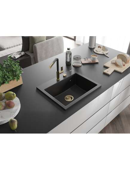 Mexen Oscar zlewozmywak granitowy 1-komorowy 580 x 490 mm, czarny, syfon złoty - 6519581000-77-G, изображение 2