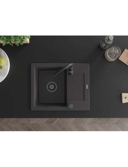Mexen Enzo zlewozmywak granitowy 1-komorowy z ociekaczem 576 x 465 mm, czarny nakrapiany, syfon czarny - 6506571005-76-B, изображение 4