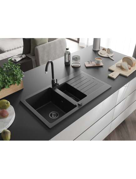 Mexen Matias zlewozmywak granitowy 1,5-komorowy z ociekaczem 900 x 505 mm, czarny, syfon czarny - 6502901505-77-B, изображение 2
