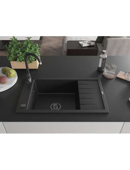 Mexen Elias zlewozmywak granitowy 1-komorowy z ociekaczem 795 x 480 mm, czarny, syfon czarny - 6511791005-77-B, 3 image