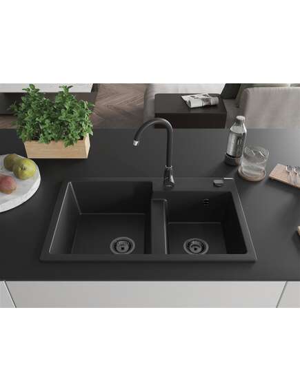Mexen Tomas zlewozmywak granitowy 2-komorowy 800 x 500 mm, czarny, syfon czarny - 6516802000-77-B, 3 image