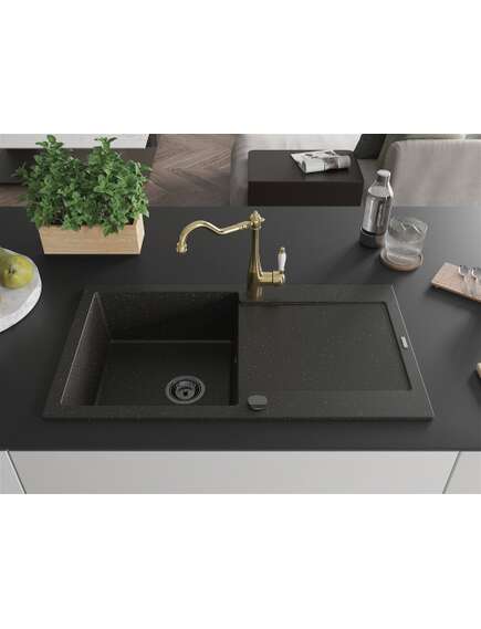 Mexen Leo zlewozmywak granitowy 1-komorowy z ociekaczem i baterią kuchenną Carla, czarny/złoty metalik - 6501-75-670700-50-B, 3 image