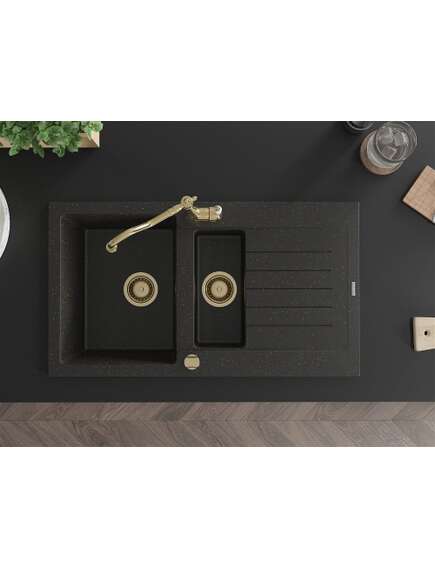 Mexen Matias zlewozmywak granitowy 1,5-komorowy z ociekaczem i baterią kuchenną Carla, czarny/złoty metalik - 6502-75-670700-50, 4 image