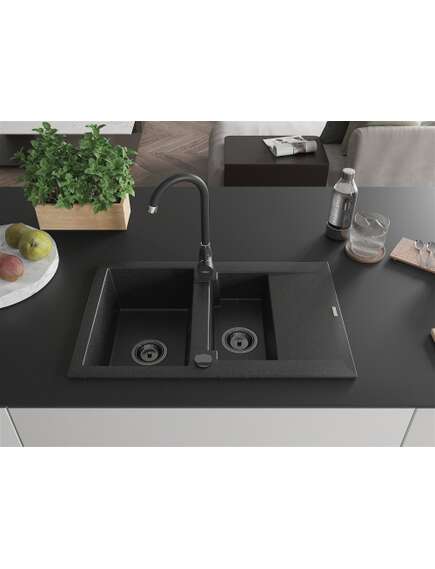 Mexen Gaspar zlewozmywak granitowy 1,5-komorowy z ociekaczem 737 x 475 mm czarny/srebrny metalik, syfon czarny - 6507731505-73-B, изображение 3