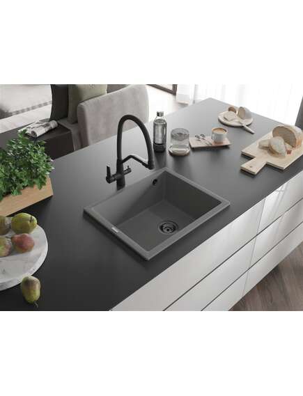 Mexen Pedro zlewozmywak granitowy 1-komorowy 560 x 460 mm, szary, syfon czarny - 6508561000-71-B, изображение 2