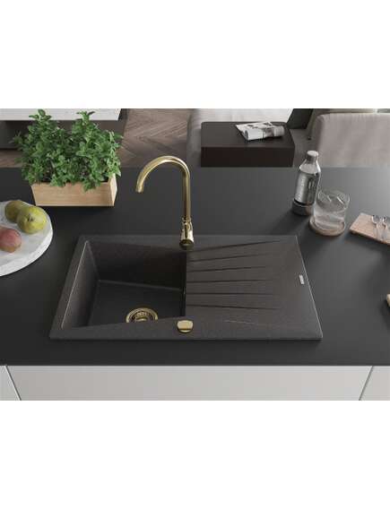 Mexen Cesar zlewozmywak granitowy 1-komorowy z ociekaczem 775 x 470 mm, czarny nakrapiany, syfon złoty - 6514771010-76-G, изображение 3