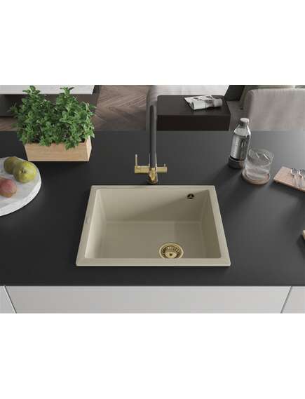 Mexen Pedro zlewozmywak granitowy 1-komorowy 560 x 460 mm, beżowy, syfon złoty - 6508561000-69-G, изображение 3
