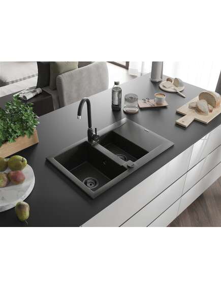 Mexen Gaspar zlewozmywak granitowy 1,5-komorowy z ociekaczem 737 x 475 mm, czarny/złoty metalik, syfon czarny - 6507731505-75-B, изображение 2