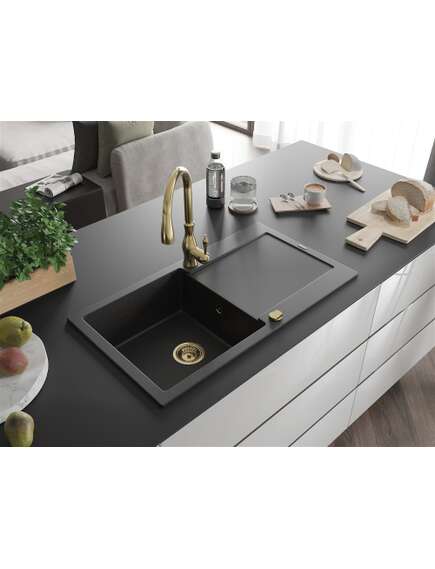 Mexen Leo zlewozmywak granitowy 1-komorowy z ociekaczem i baterią kuchenną Savita, czarny/srebrny metalik - 6501-73-672601-50, 2 image