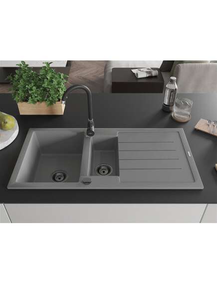 Mexen Andres zlewozmywak granitowy 1,5-komorowy z ociekaczem 1000 x 500 mm, szary, syfon czarny - 6515101510-71-B, изображение 3