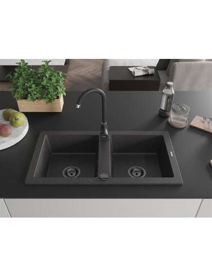 Mexen Mario zlewozmywak granitowy 2-komorowy 820 x 436 mm, czarny nakrapiany, syfon czarny - 6504822000-76-B, изображение 3