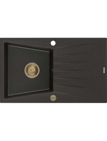 Mexen Cesar zlewozmywak granitowy 1-komorowy z ociekaczem 775 x 470 mm, czarny/złoty metalik, syfon złoty - 6514771010-75-G