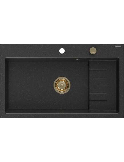 Mexen Omar zlewozmywak granitowy 1-komorowy 800 x 480 mm, czarny/srebrny metalik, syfon złoty - 6520801005-73-G