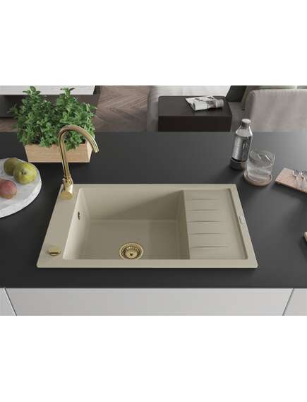 Mexen Elias zlewozmywak granitowy 1-komorowy z ociekaczem 795 x 480 mm, beżowy, syfon złoty - 6511791005-69-G, изображение 3
