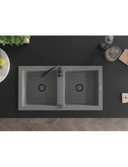 Mexen Mario zlewozmywak granitowy 2-komorowy 820 x 436 mm, szary, syfon czarny - 6504822000-71-B, 3 image