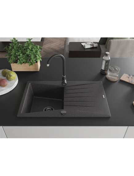 Mexen Cesar zlewozmywak granitowy 1-komorowy z ociekaczem 775 x 470 mm, czarny nakrapiany, syfon czarny - 6514771010-76-B, 2 image