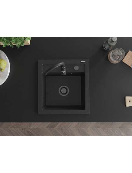 Mexen Vito zlewozmywak granitowy 1-komorowy 520 x 490 mm, czarny/srebrny metalik, syfon czarny - 6503521000-73-B, изображение 4