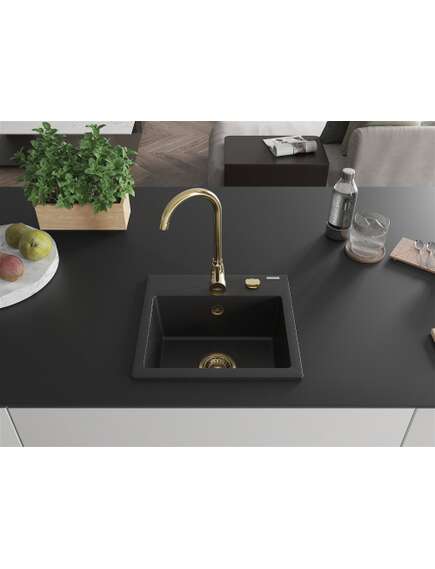 Mexen Milo zlewozmywak granitowy 1-komorowy 435 x 410 mm, czarny, syfon złoty - 6505441000-77-G, изображение 3