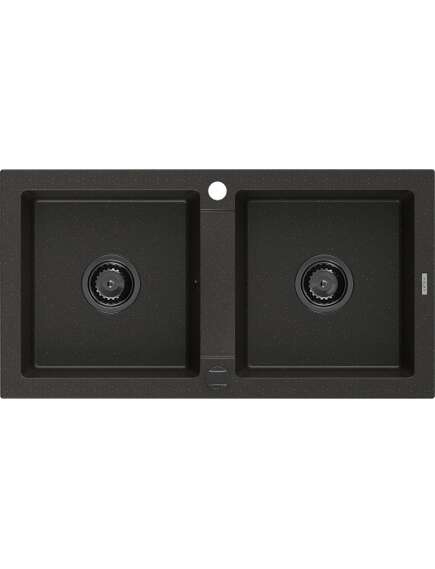 Mexen Mario zlewozmywak granitowy 2-komorowy 820 x 436 mm, czarny/złoty metalik, syfon czarny - 6504822000-75-B