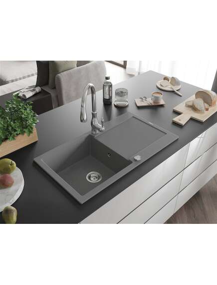Mexen Leo zlewozmywak granitowy 1-komorowy z ociekaczem i baterią kuchenną Savita, szary - 6501-71-672601-00, 2 image