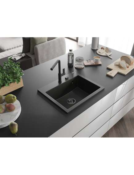 Mexen Oscar zlewozmywak granitowy 1-komorowy 580 x 490 mm, czarny/złoty metalik, syfon czarny - 6519581000-75-B, изображение 2