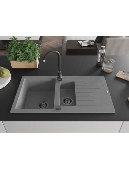 Mexen Matias zlewozmywak granitowy 1,5-komorowy ociekaczem 900 x 505 mm, szary, syfon czarny - 6502901505-71-B, изображение 3