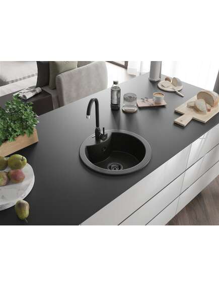 Mexen Diego zlewozmywak granitowy 1-komorowy 488 x 480 mm, czarny/złoty metalik, syfon czarny - 6512481000-75-B, 2 image