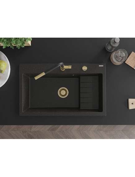 Mexen Omar zlewozmywak granitowy 1-komorowy 800 x 480 mm, czarny/złoty metalik, syfon złoty - 6520801005-75-G, 4 image