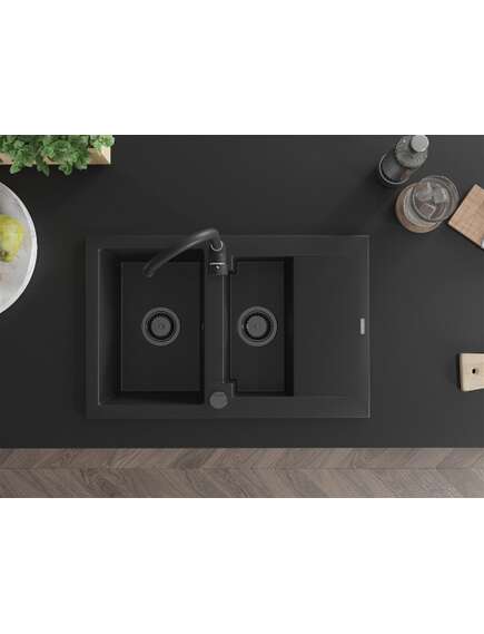 Mexen Gaspar zlewozmywak granitowy 1,5-komorowy z ociekaczem 737 x 475 mm, czarny, syfon czarny - 6507731505-77-B, изображение 4