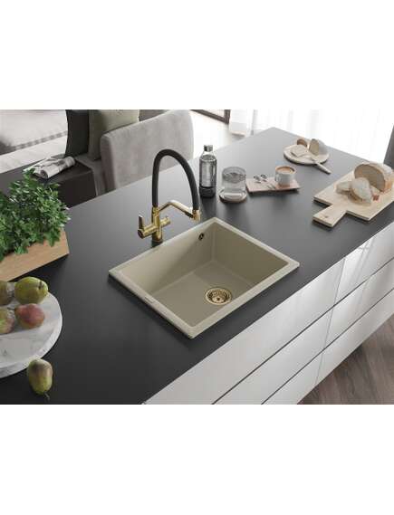 Mexen Pedro zlewozmywak granitowy 1-komorowy 560 x 460 mm, beżowy, syfon złoty - 6508561000-69-G, изображение 2