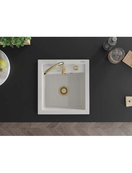 Mexen Vito zlewozmywak granitowy 1-komorowy 520 x 490 mm, biały, syfon złoty - 6503521000-20-G, изображение 4