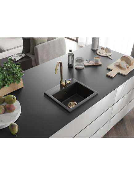 Mexen Milo zlewozmywak granitowy 1-komorowy 435 x 410 mm, czarny, syfon złoty - 6505441000-77-G, изображение 2